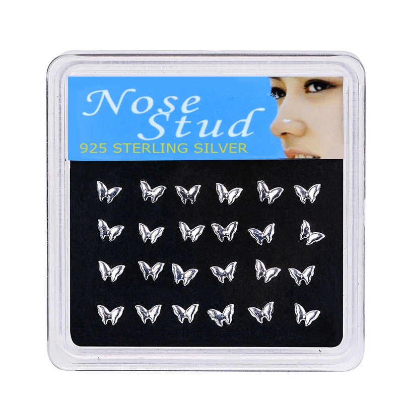 

925 Sterling Silver Butterfly Shape 24PCS/Box Nose Studs Rings Piercing Pin Body Jewelry for Women Silver Color