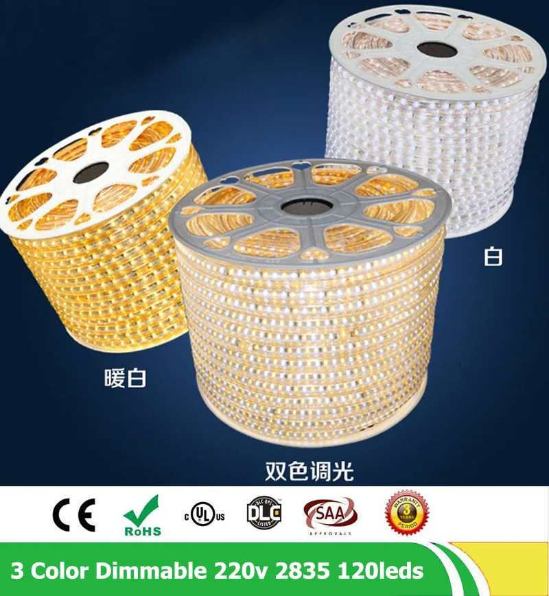 #cheap 100m lot 120leds m 220V SMD2835 LED Strip Light Three Color Change Dimmable Flexible Tape Light Waterproof IP67 String Lights