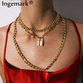 

Punk Cuban Big Chunky Chain Necklace Collar Statement Multi Layer Lock Padlock Pendant Choker Necklace Steampunk Couple Jewelry