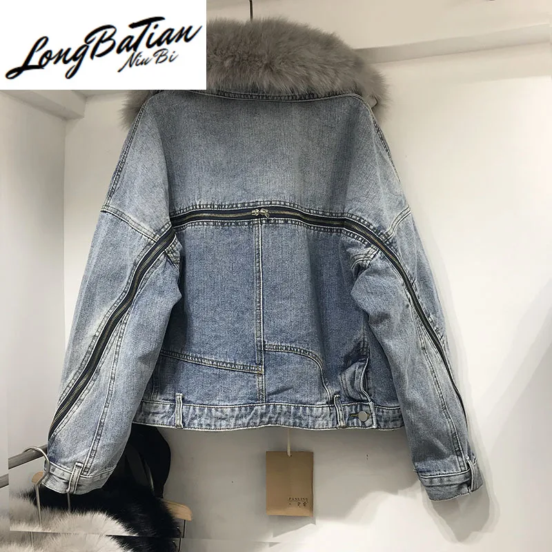 Winter Black Fox Fur Collar + Real Rabbit Hair Liner Jeans Women Oversized Loose Warm Ladies Denim Jacket Coat Streetwear | Женская