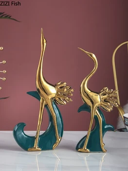 

Golden Crane Statuette Ceramics Crafts Ornaments Animal Statue Desktop Decor Glaze Porcelain Figurines Nordic Home Decoration