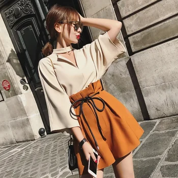 

2 Pcs/Set Women Fashion Half Sleeve Top High Waist Shorts Sets Halter V-Neck Sweet Shirts + Lace-up Wide Leg Shorts