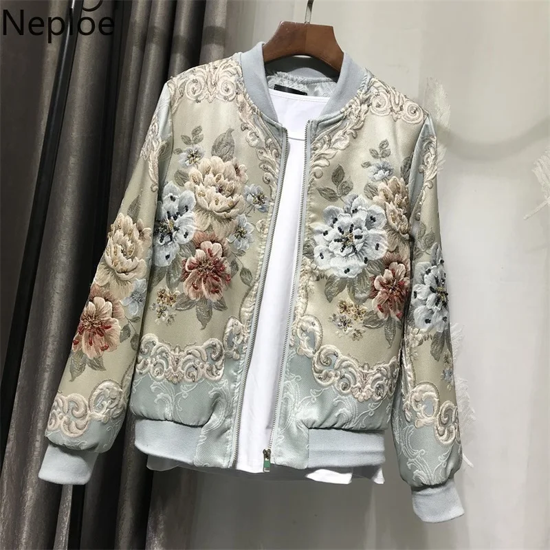 

Neploe 2019 Autumn Winter Outwear Jackets Women's Vintage Jacquard Beading Embroidery Tops Coat Loose Casual Bomber Jackets