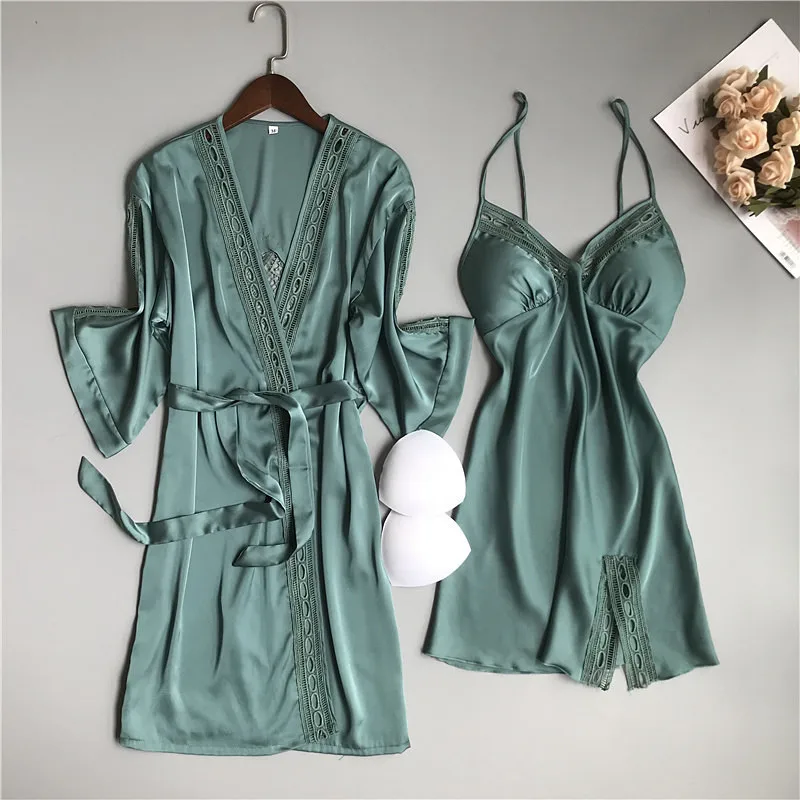 Кружевное ночное белье пижама набор весна-осень для женщин ночная рубашка шелк атлас сексуальное белье Повседневное платье ночная рубашка пояс Ночная одежда
