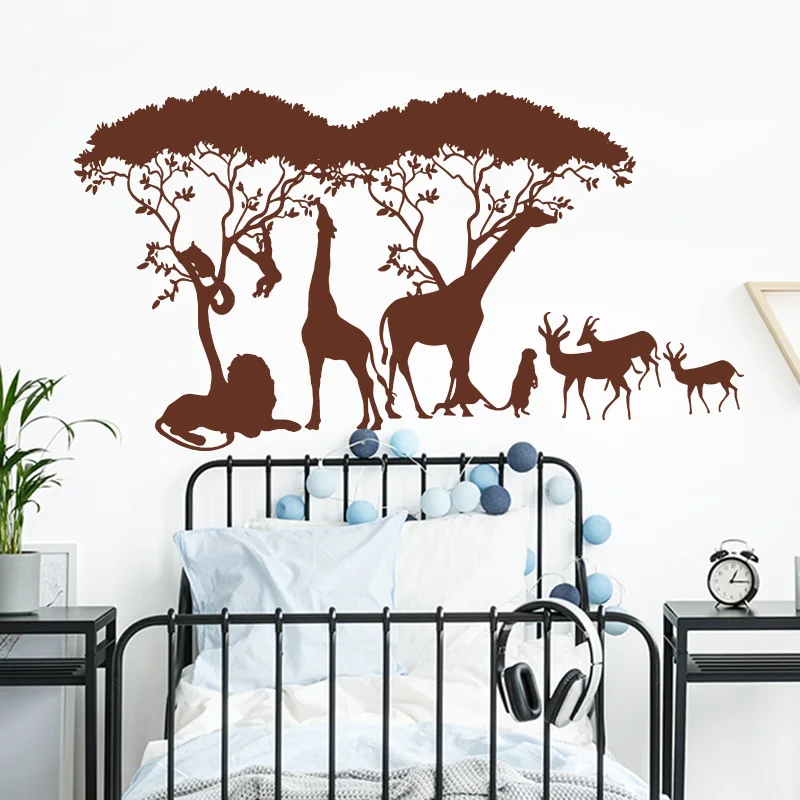 Large Zoo Giraffe Monkey Lion Deer Wall Sticker Bedroom Kids Room Cartoon Forest Tree Safrica Africa Animal Wall Deca Nursery  (2)