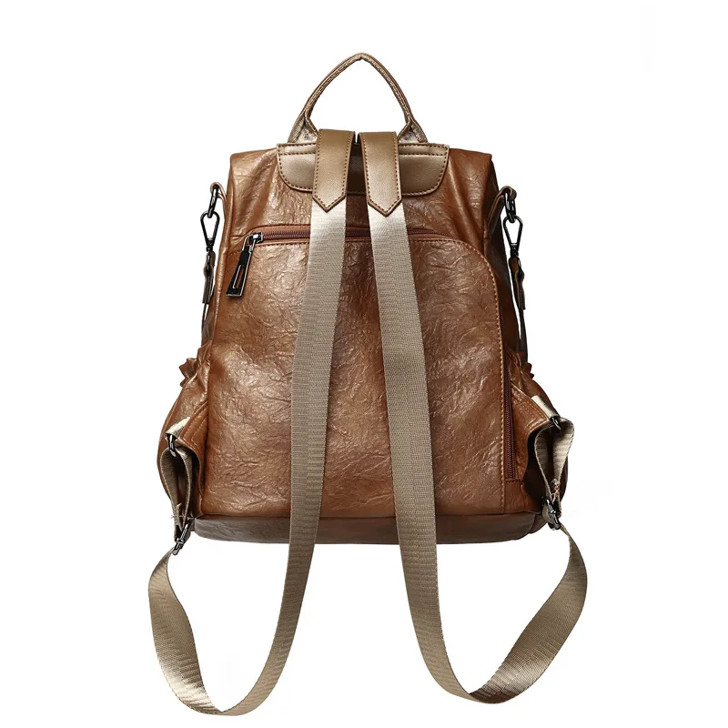 

Retro Oil Wax Leather Backpack Korean-style Women's Backpack Fashion Multi-functional Shoulder Schoolbag Send Furry Ball