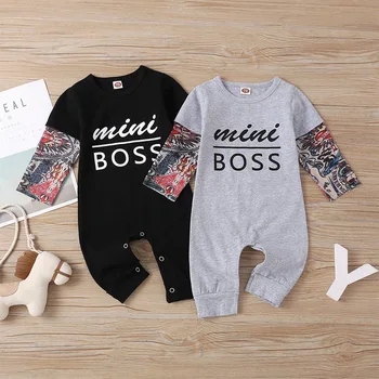 

New Spring Rompers Baby Clothes Boy Pants Tattoo Long Sleeves "Mini Boss" Cool Shirts Trousers For Children Toddler 0-5 Years