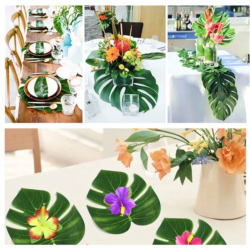 90Pcs Tropical Palm Leaves and Hibiscus Flowers, Artificial Leaves Plants Hibiscus Flowers Fete Deco, Hawaiian Party Jungle Beac