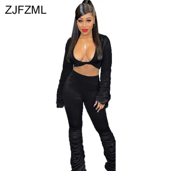 

Solid Ruched Sexy 2 Piece Set Club Outfit Women Deep V Neck Full Sleeve Crop Tops and Bodycon Long Pants Fall Winter Sweatsuits