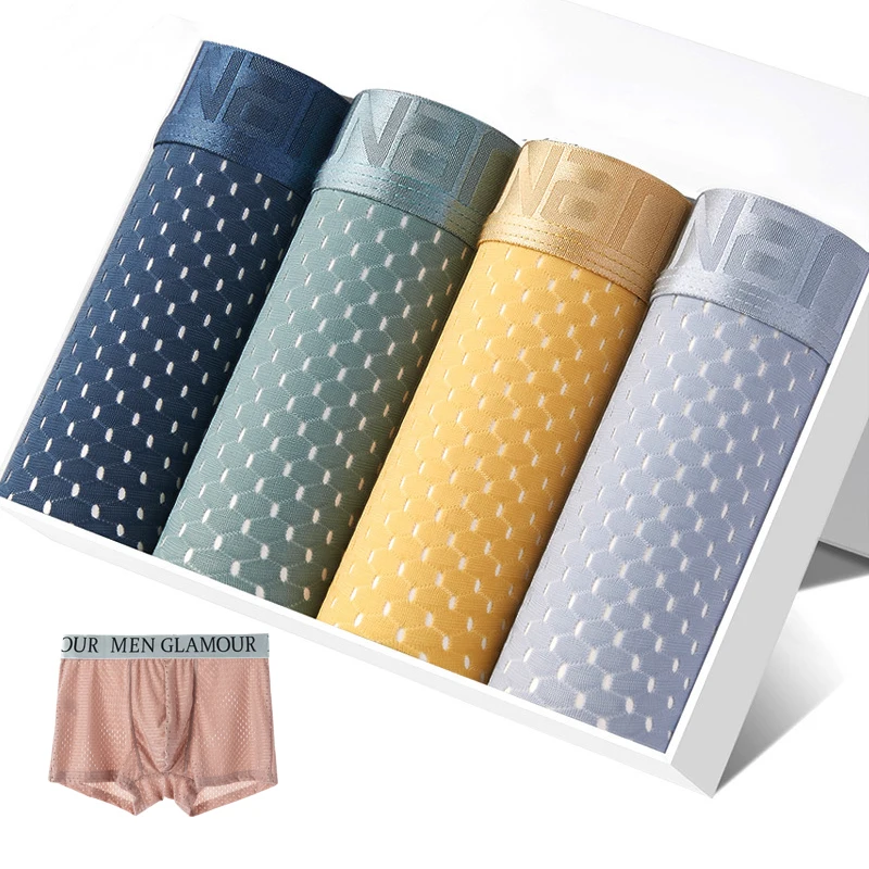 4pcs Mens Underwear U Convex Boxer Men Mesh Nylon Seamless Shorts Pants