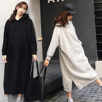 

Hooded Thicken Long Sleeve Women's Sweatshirts Autumn Black Knee-Length Female Dresses Winter Korean Loose Warm Ladies Hoodies