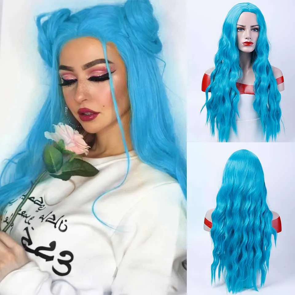 HOUYAN mujeres rizado largo Peluca de pelo sintético luz peluca azul Ombre negro peluca rubia medio cabello Natural