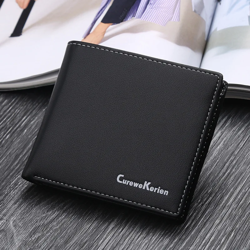 

High Quality Leather Horizontal Fine Lines Men Wallets Photo Card Holder Simple Classic Business Man Purse Money Bag Carteira PU