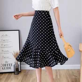 

shintimes Faldas Mujer Moda A-Line Dot Print Skirts Women 2020 Summer Fashion High Waist Chiffon Office Ladies Midi Skirts