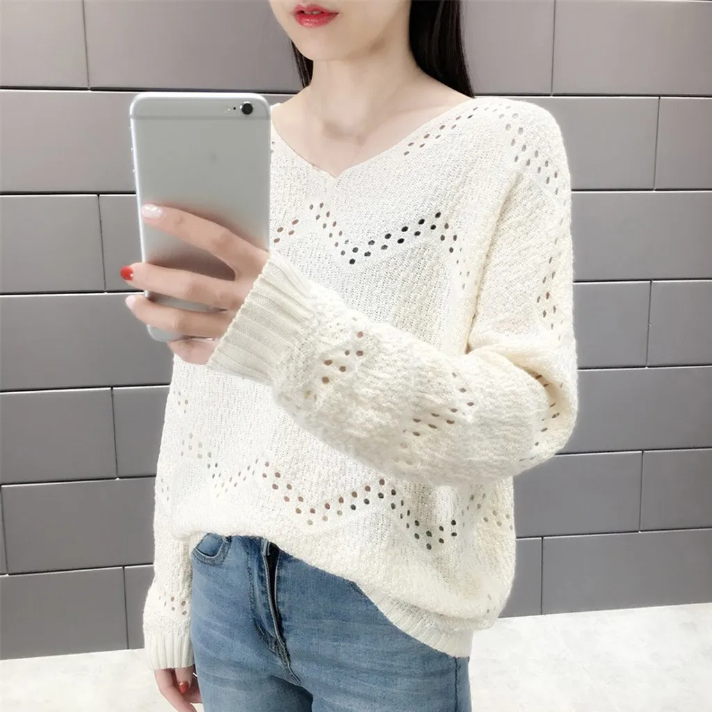 Jaycosin Fashion Women Casual Simple Long Sleeve Knitting V-Neck Sweater Stylish Comfortable Bottoming Hollowed Out Sweater