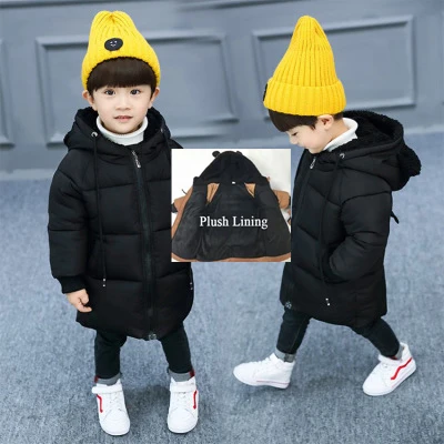 Black plush Детское зимнее пальто для мальчиков и девочек, парки для малышей с милым медведем, плотная Детская куртка с хлопковой подкладкой для девочек, длинные толстовки, верхняя одежда, TZ133 - Цвет: Black plush