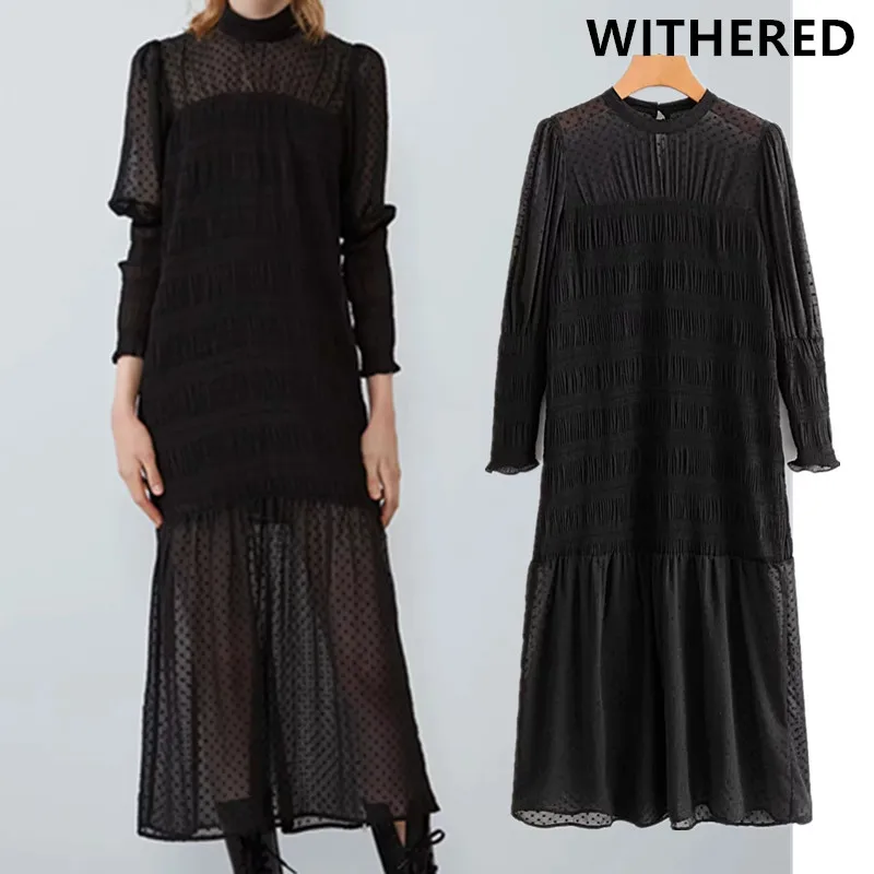 

Withered england style simple elegant Gauze dot with pleated lining midi dress women vestidos de fiesta de noche vestidos blazer