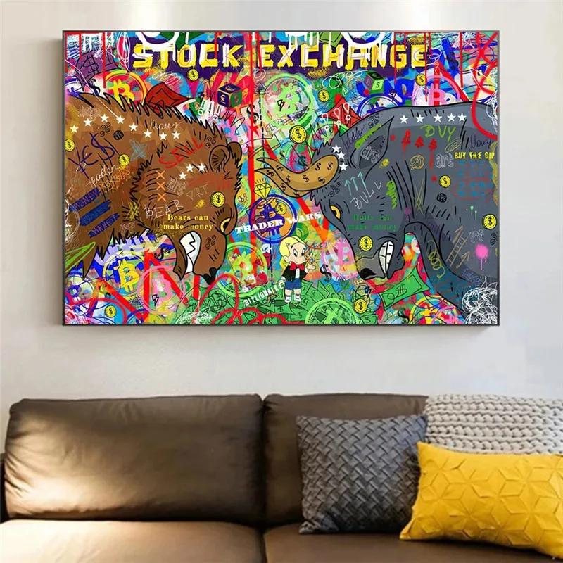 

Abstract Graffiti Bear and Bull Canvas Painting Stock Exchhing Posters and Prints Wall Art Picture for Living Room Home Decor