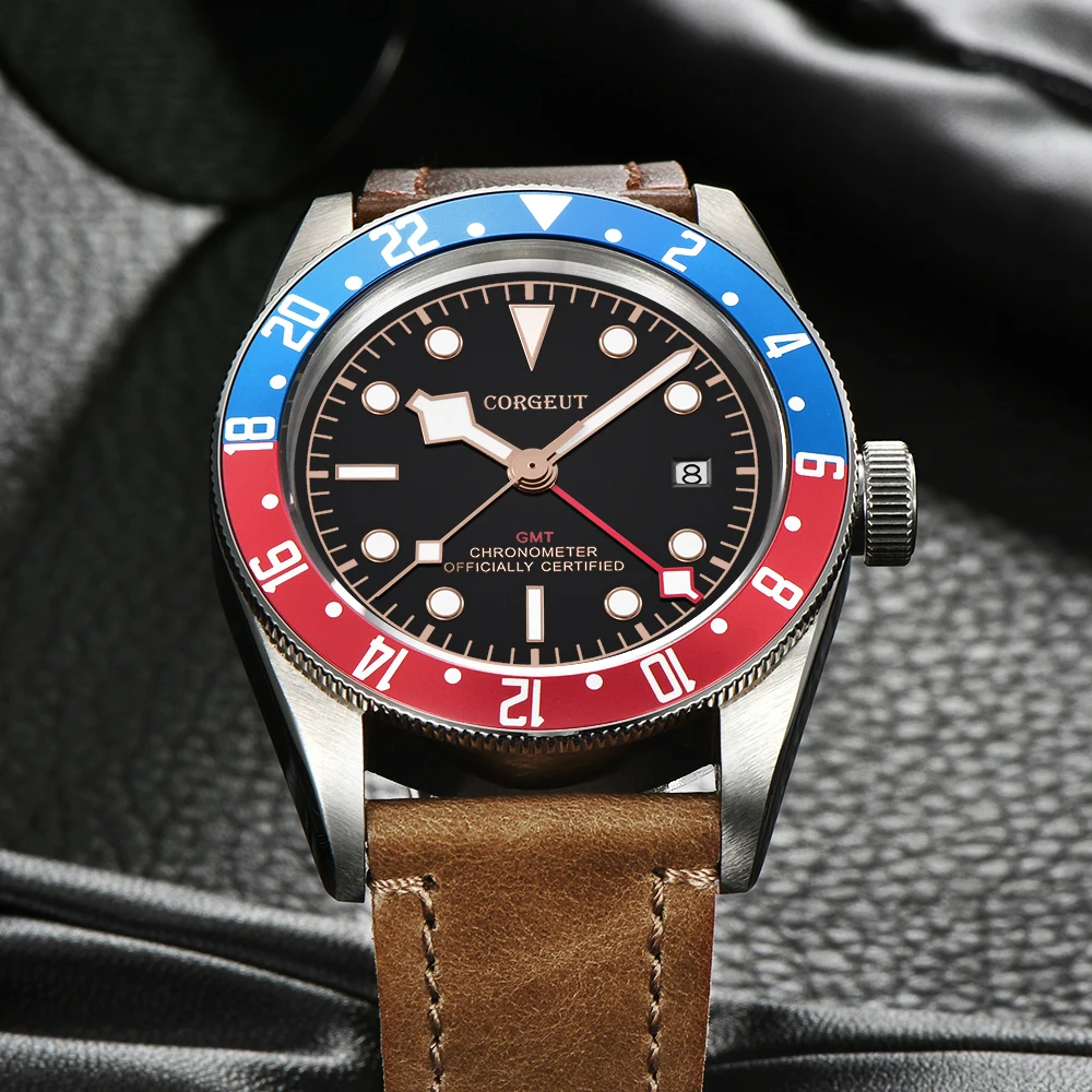 

Corgeut Luxury Brand Schwarz Bay Men GMT Automatic Mechanical Watch Military Sport Swim Clock Leather Mechanical Wrist Watches