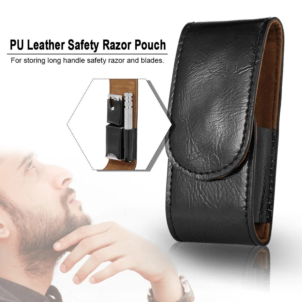 PU Leather Razor Pouch Handle Straight Long Safety Razor Case Long Handle Double Edge Razor Holder Razor Blade Store