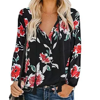 

Autumn Loose V Collar Button Cartoon Floral Print Loose Long Sleeve Tops Casual Simple Wild Drawstring T-Shirt Women haut femme