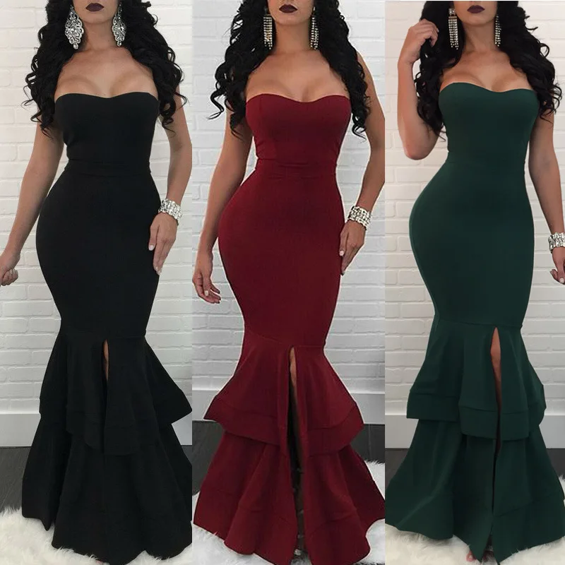 

Sexy/Party/Club Nightclub Tube Top Fishtail Wrapped Chest Dress Slash Neck Floor Length Solid Green Black Wine Red S-XL Summer
