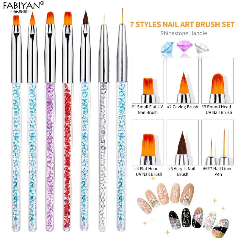 

Nail Art Brushes Rhinestone Flower Liner Round Acrylic UV Gel Crystal Tips Manicure Tool Builder Painting Drawing Pen 7Pcs/set
