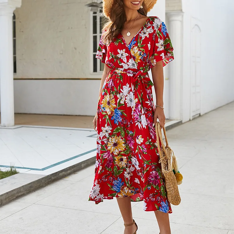 

Summer Floral Printed Dress for Women Lace Up Wrap Dress Sexy V Neck Short Sleeve Beach Wear Vintage Vestidos Bohemian Dresses