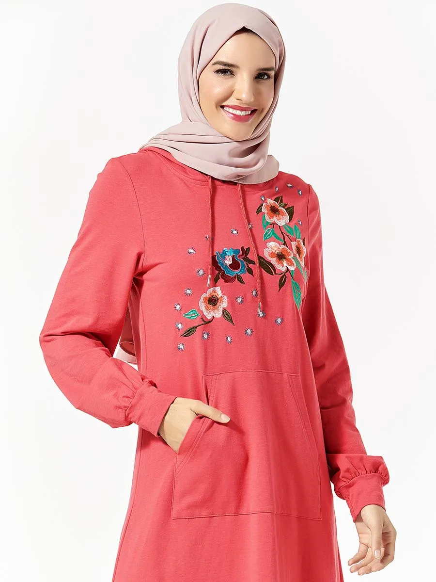 Дубай Абая вышивка Макси платье для женщин мусульманский длинный кафтан джилбаб Спорт с капюшоном Исламский халат одежда повседневная