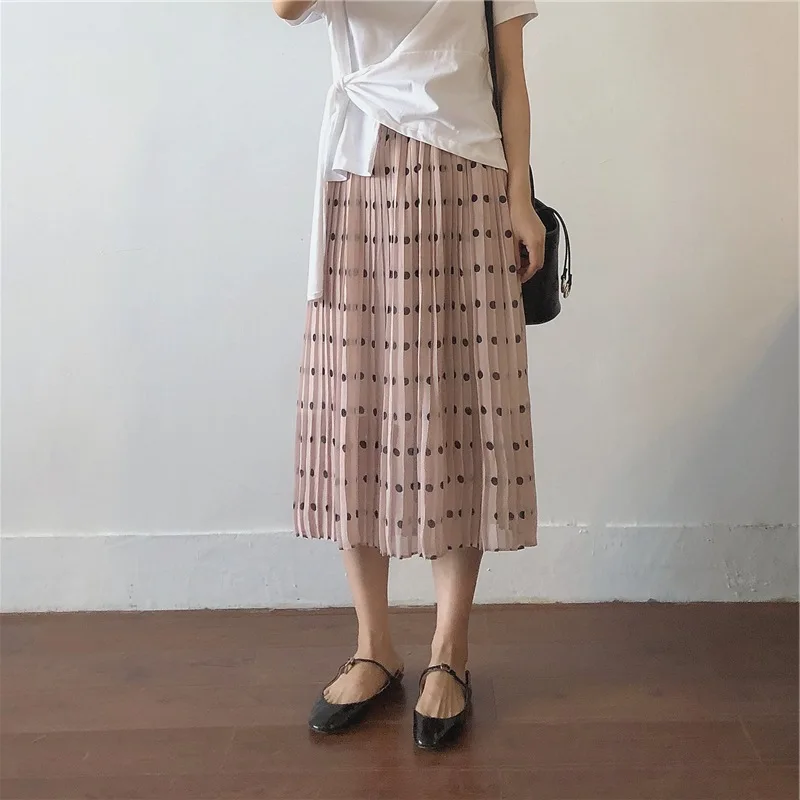 

Polka Dot Loose-Fit Chiffon Skirt Women's Summer New Style Versatile Slimming Mid-length High-waisted A- line Pleated Skirt