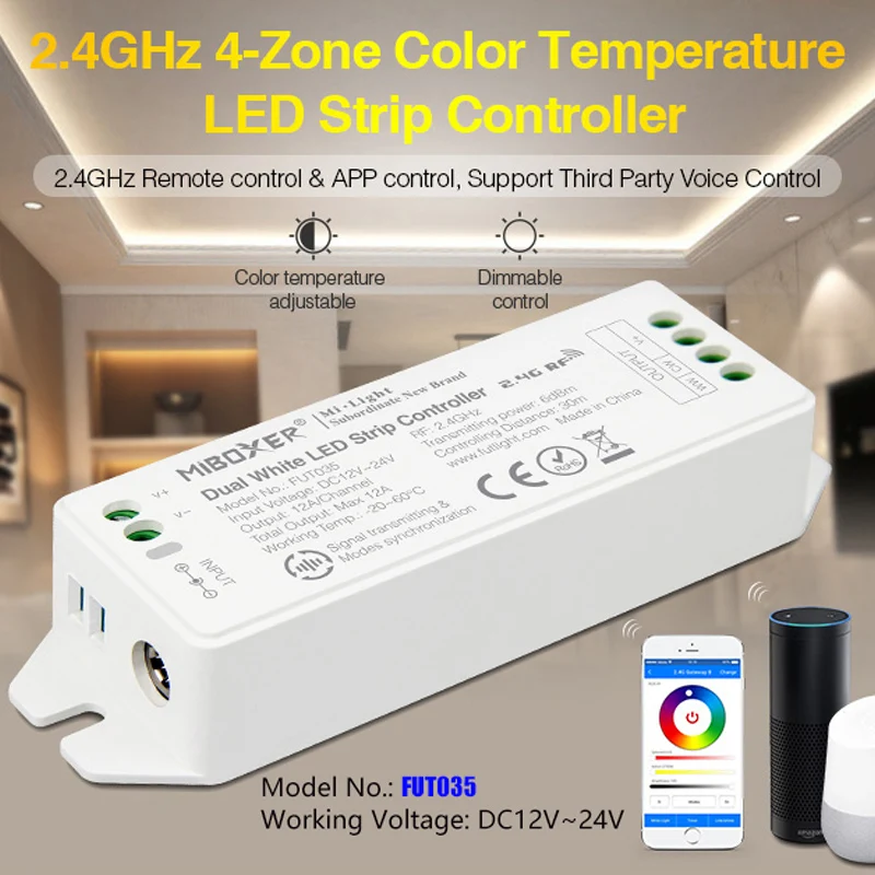 

2.4GHz 4-Zone Color Temperature LED Strip Controller DC12V~24V smart led dimmer 12A/Channel can APP/wifi Voice/Remote control