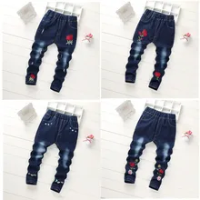 Детские джинсы в Корейском стиле, хлопковые эластичные брюки с вышивкой для девочек, весенний стиль