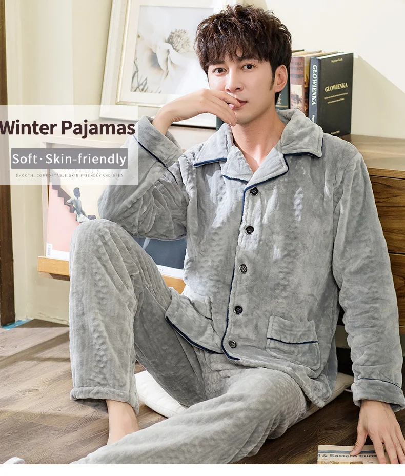Зимняя теплая Фланелевая Пижама для мужчин, мужская пижама из кораллового флиса, одеяло, ночная рубашка, домашняя одежда, зимняя плотная Пижама