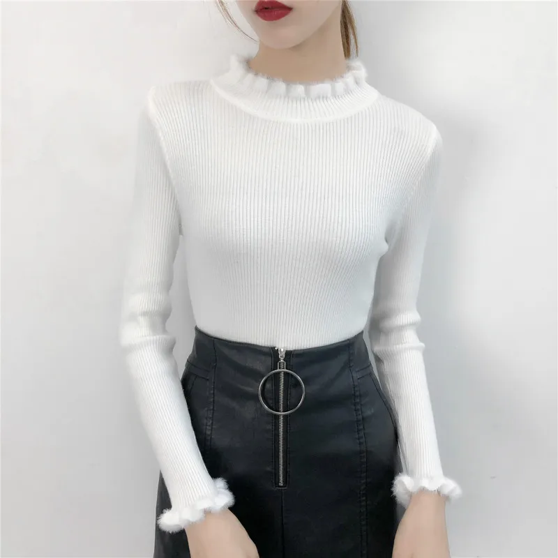 

2019 Autumn Winter Women Knitted Sweaters Pullovers Turtleneck Long Sleeve Solid Color Slim Elastic Female Cotton Sweater