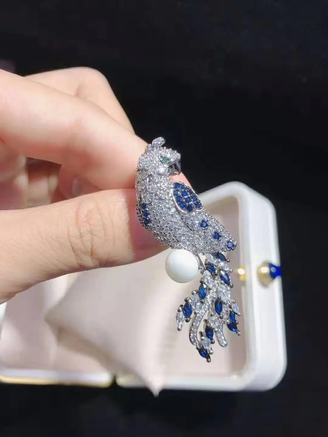 New Women's White Shell Pearl Golden Plated Mixed Color CZ Micro Parrot Brooch