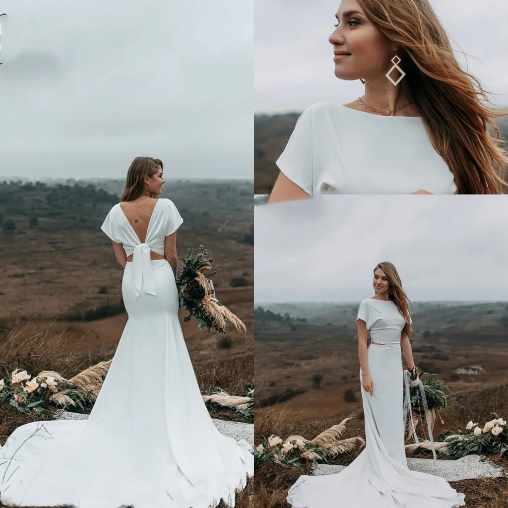 Simple Country Mermaid Wedding Dresses Long Train Bridal Gowns Boho Beach Vestidos 2021 Open Back Chic Design Ivory Satin Bride Formal Dress