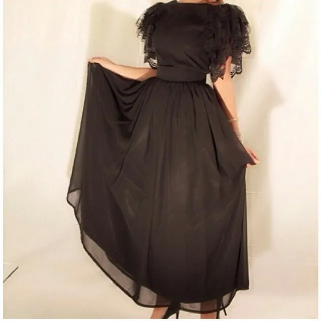 

2018 robe de soiree Fashion Lace Short Sleeve A Line Black Floor Length evening party Prom gown mother of the bride dresses
