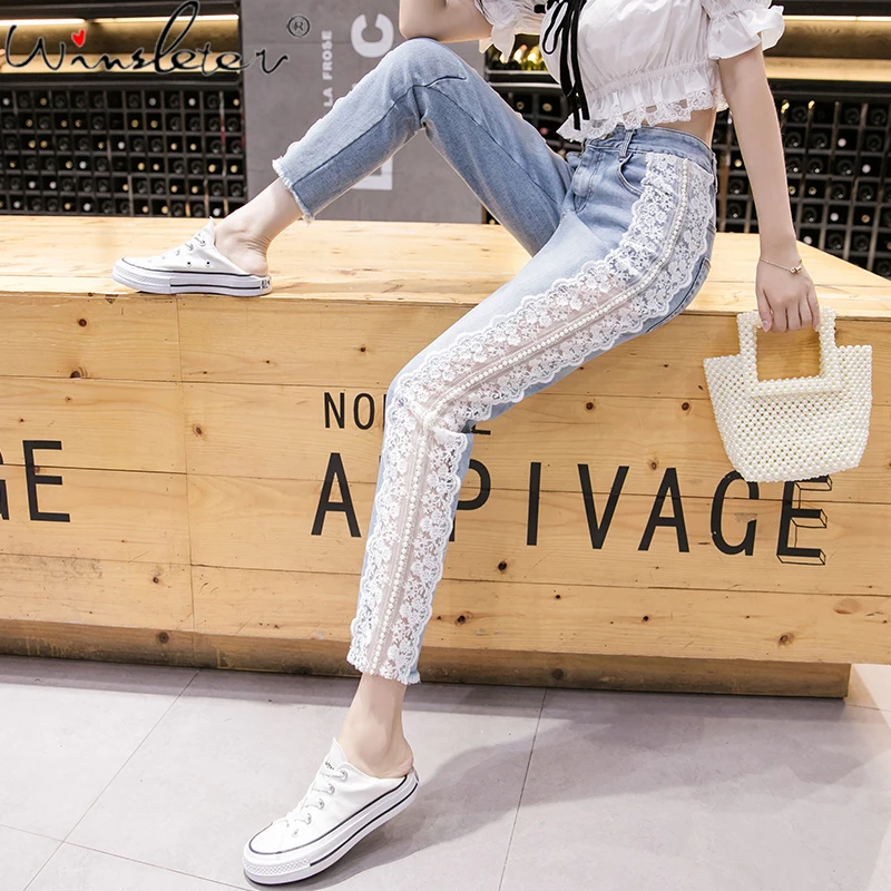 Spring Boyfriend Jeans European Clothes Fashion Sexy Patchwork Lace Beading Women Denim Ropa Mujer Ankle-Length Pant New B07303