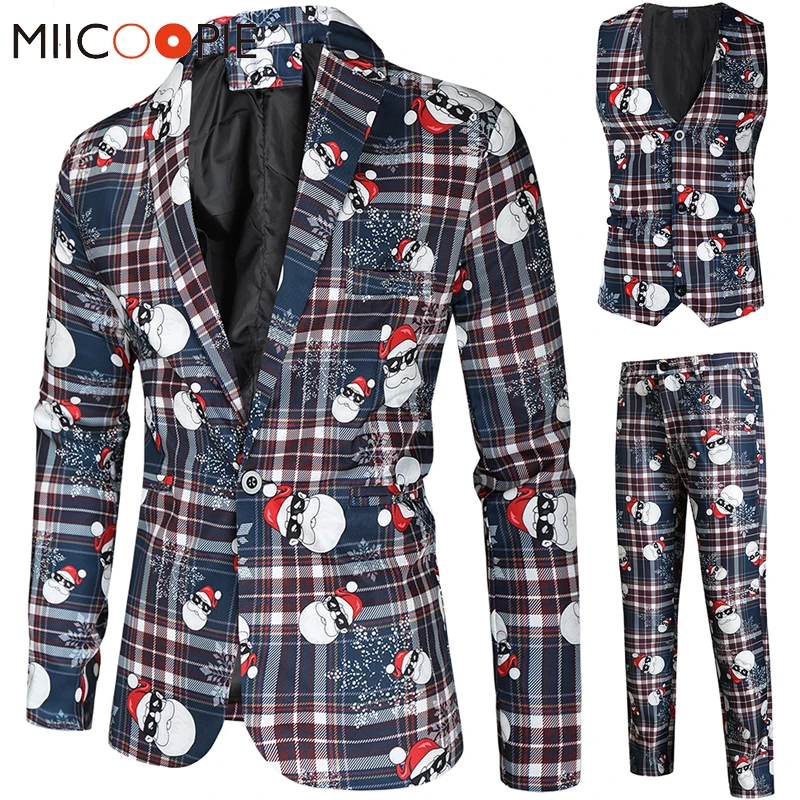 Pants Suit-Set Blazer Printting Santa-Claus Striped Christmas-3pieces Terno One-Breasted