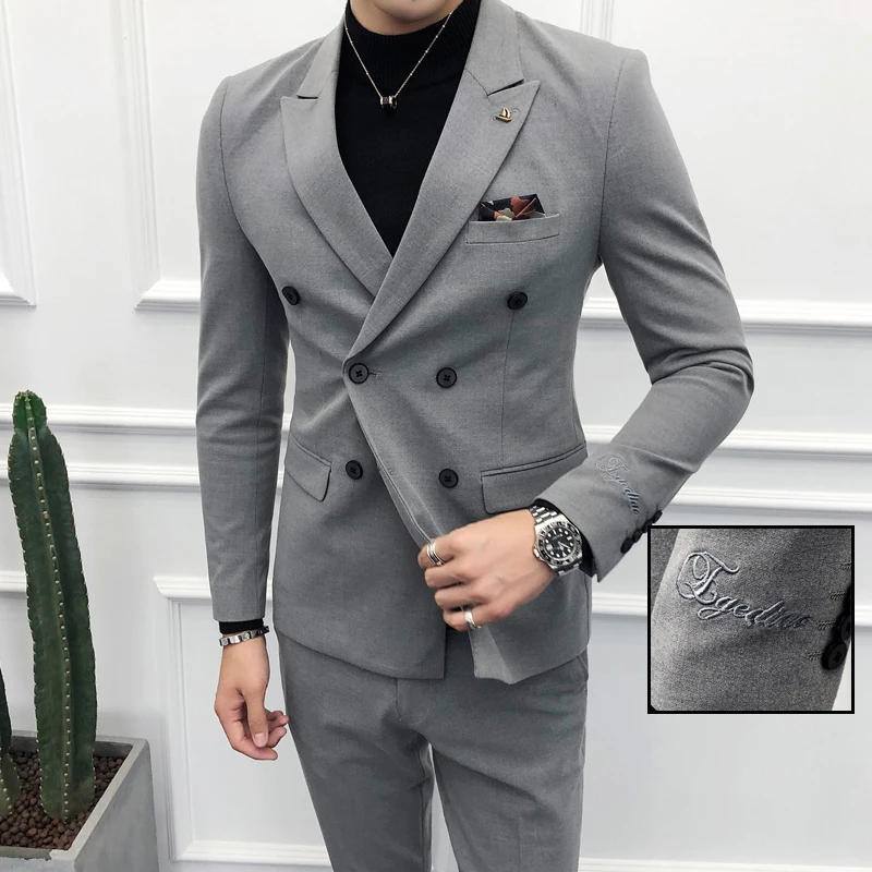 

Double-breasted Mens Suits Set Slim Fit 2018 Business Costumes Homme Formal Grey Mens Prom Suits Gentleman Black Tuxedo Smoking