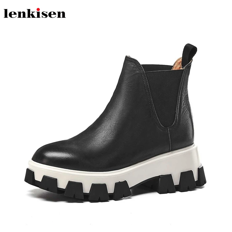 

Lenkisen thick bottom genuine leather boots high heels round toe leisure style comfortable winter warm women ankle boots L41