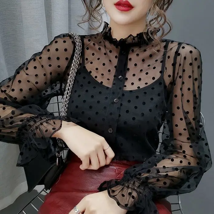 Spring Popular Girls dot Blouses Shirts Tees Female Stand Neck Full Flare Sleeve Elasticity Blouses With Tank 2 PCS Top 3