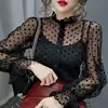 Spring Popular Girls dot Blouses Shirts Tees Female Stand Neck Full Flare Sleeve Elasticity Blouses With Tank 2 PCS Top 3