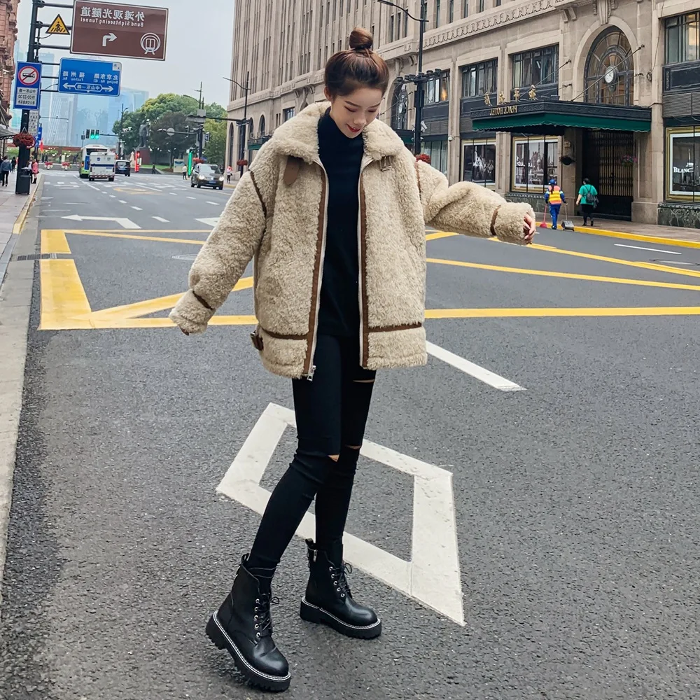 

Photo Shoot 2019 Winter New Style WOMEN'S Dress Korean-style CHIC-Style Joint Contrast Color Short Fur Lambs Wool Coat