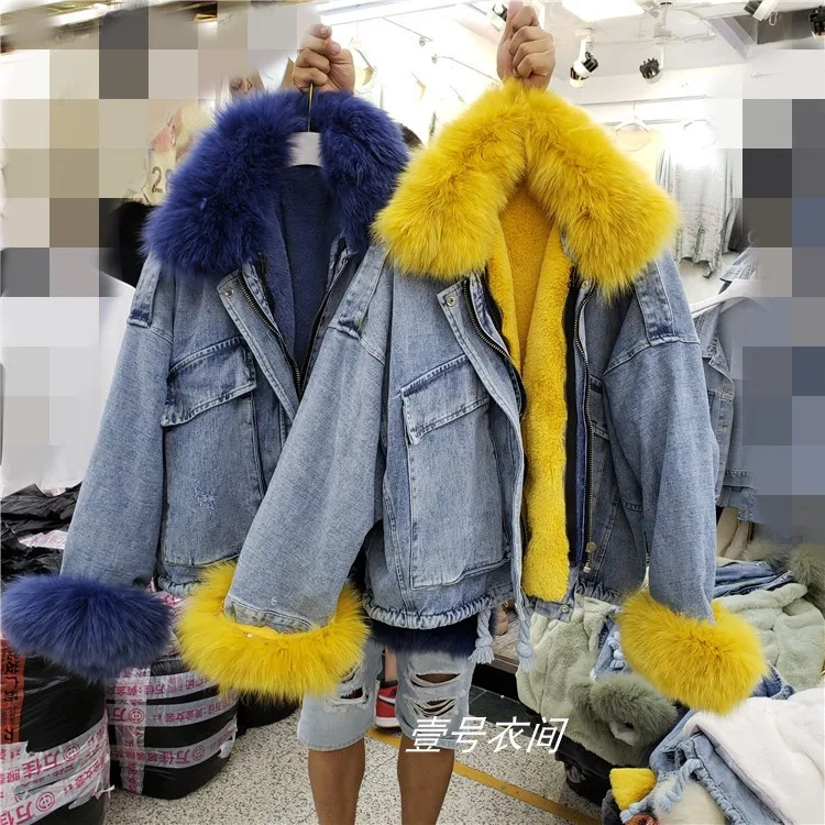 

Real Fox Fur Collar Denim Jacket Winter Women Streetwear Overcoat Lady Short Fur Coat Jeans Removable Imitation Rabbit Liner