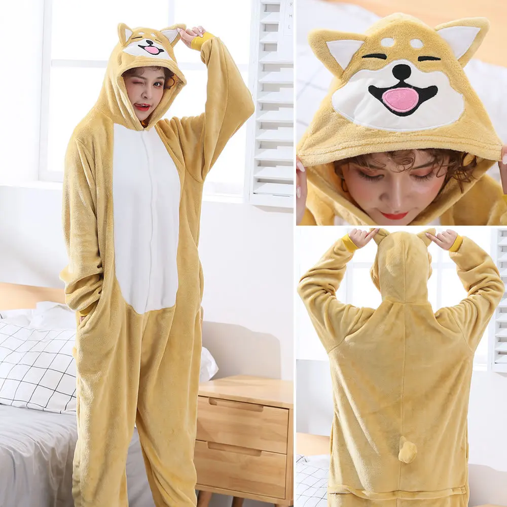 

Flannel Adult child Cartoon Animal Anime corgi Husky Panda Jumpsuits pajama Lovely Cosplay Lovers Costume Home Sleepwear