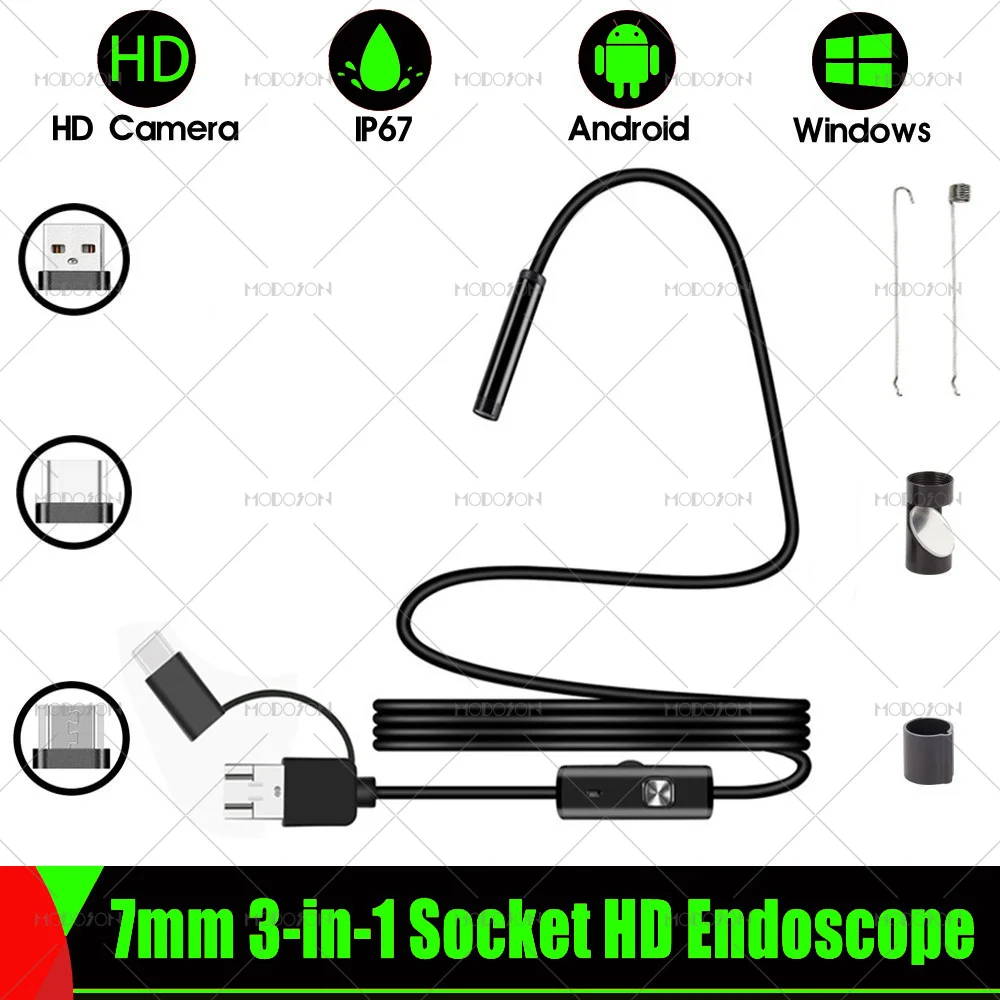 7mm Endoscope Camera Mirco USB Type-C Soft Rigid Snake Cable Endoscopy Car Pipeline Inspection Videoscope Android PC Borescope |