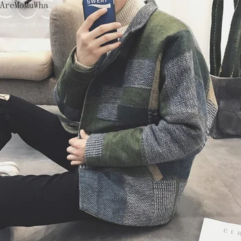 

AreMoMuWha Japanese Plaid Loose Woolen Coat Male Short Section Youth Winter Plus Cotton Thickening Woolen Coat Men Jacket QX1388