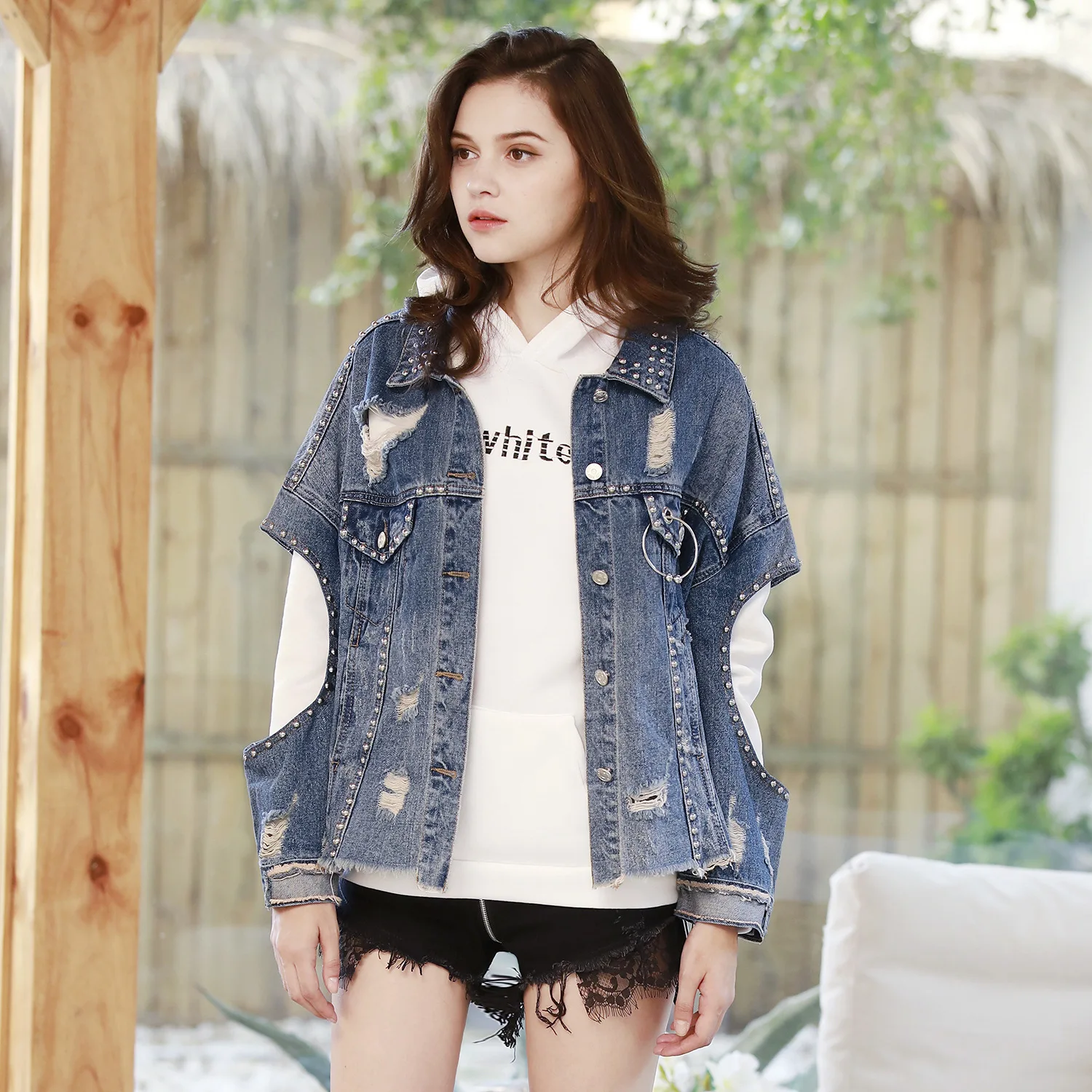 

Women's Dress Irregular Personality Hole Nail Collar Pure Color Single-breasted Jacket Denim Jacket Street-style Boutique
