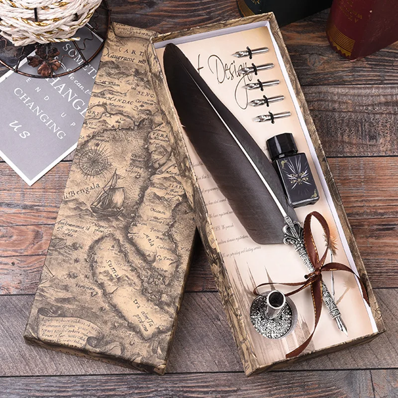 

1Set Calligraphy Turkey Feather Dip with 5 Nib Gift Quill Pen Writing Ink Set Gift Box Wedding Fountain Pen Decoration